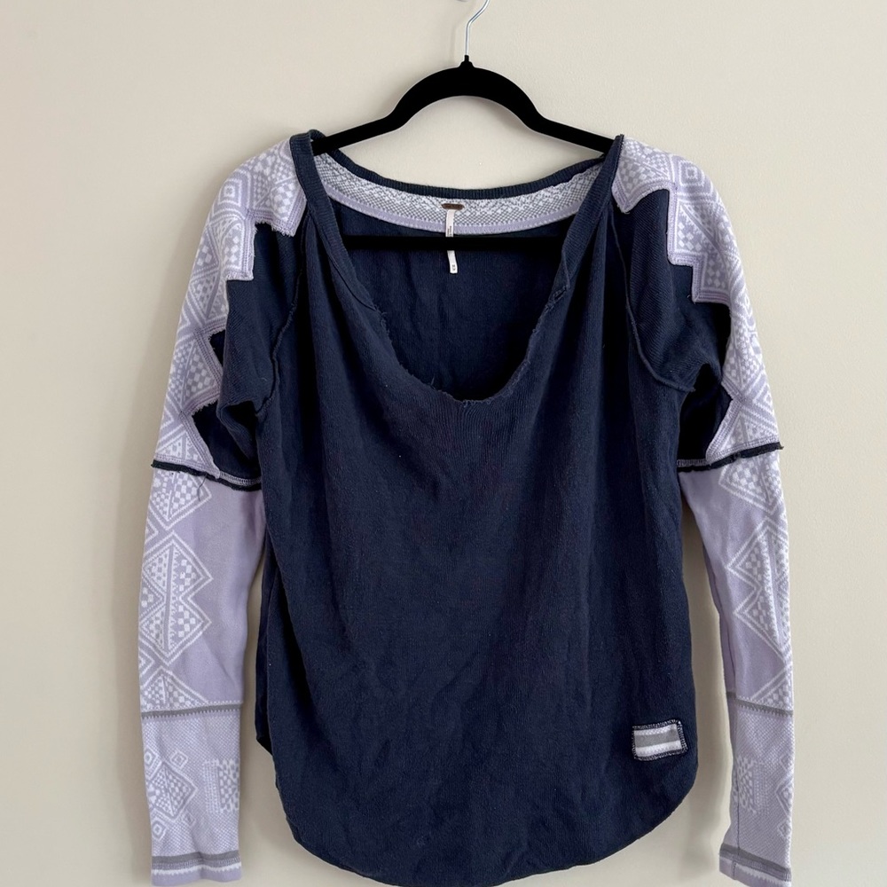 Free People Blue and Purple Asymmetrical Cut Out Blouse